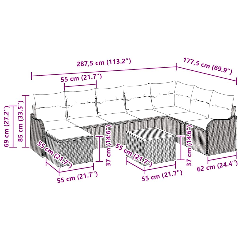 Garten-Sofa-Set mit Kissen mit Speicher 9 pcs Beige Poly Rattan